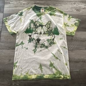 Vintage 90s Tye Dye Green White Wolf T-Shirt Fruit of The Loom Nature T-Shirt